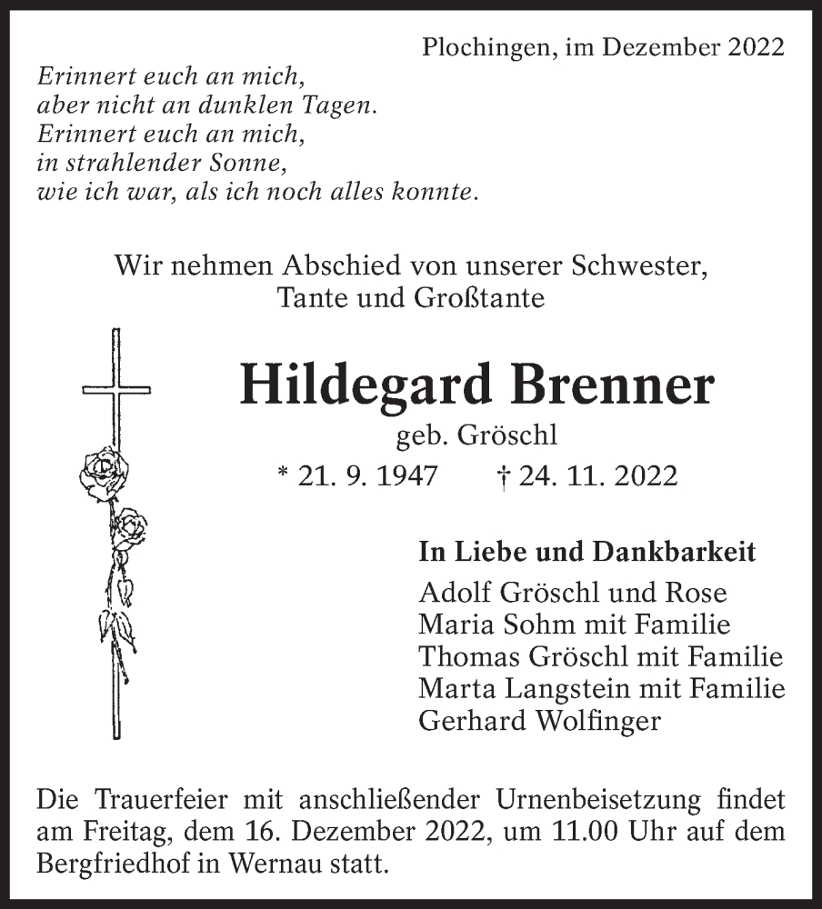  Traueranzeige für Hildegard Brenner vom 06.12.2022 aus Eßlinger Zeitung/Cannstatter Zeitung