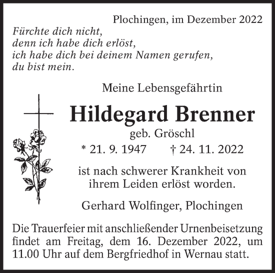 Traueranzeige von Hildegard Brenner von Eßlinger Zeitung/Cannstatter Zeitung