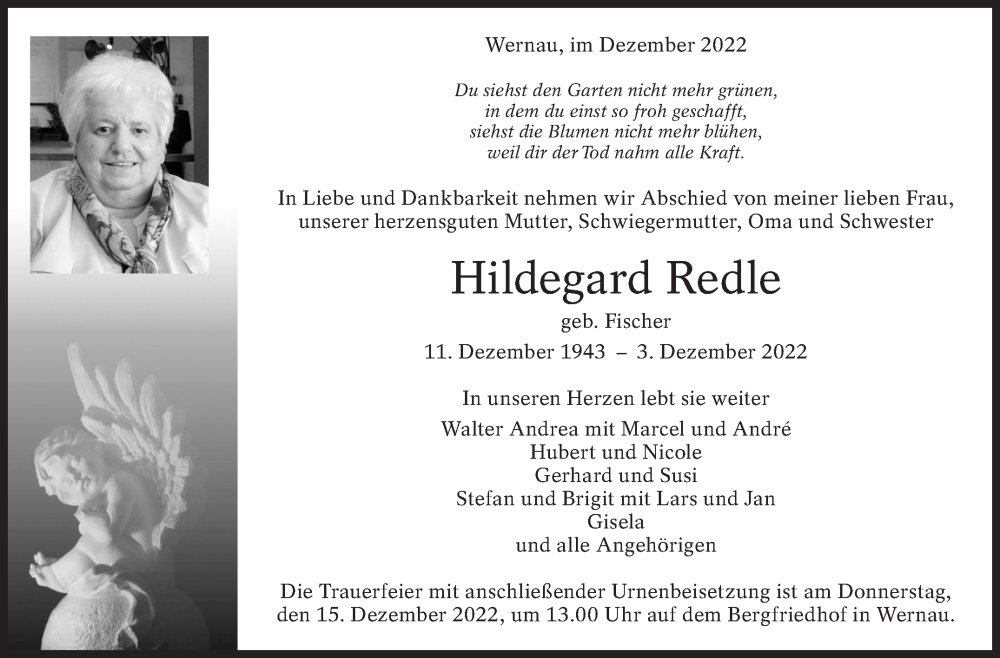  Traueranzeige für Hildegard Redle vom 10.12.2022 aus Eßlinger Zeitung/Cannstatter Zeitung