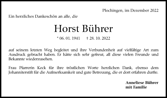 Traueranzeige von Horst Bührer von Eßlinger Zeitung/Cannstatter Zeitung