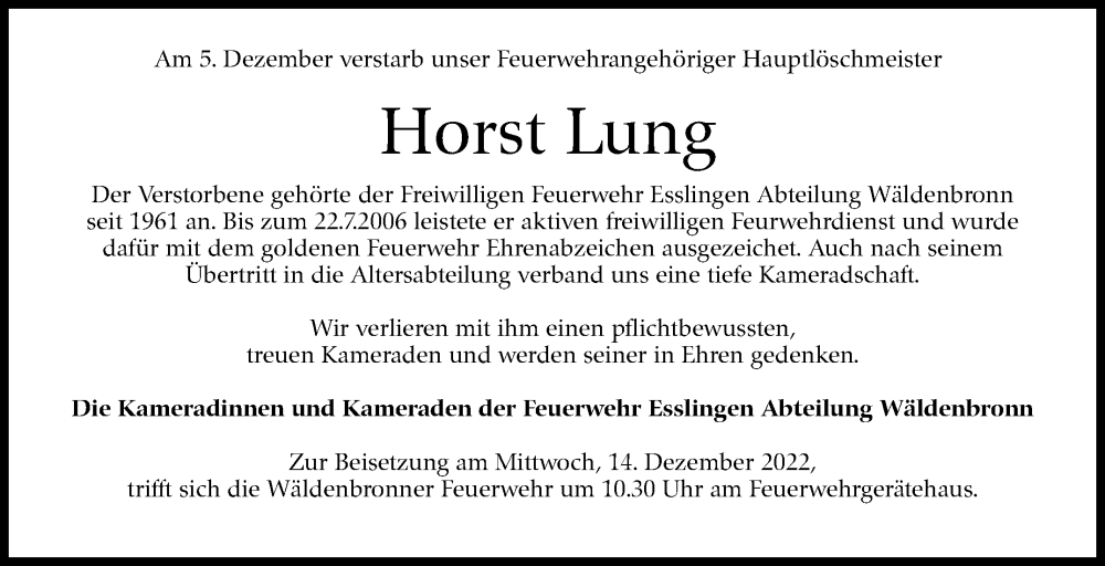  Traueranzeige für Horst Lung vom 10.12.2022 aus Eßlinger Zeitung/Cannstatter Zeitung