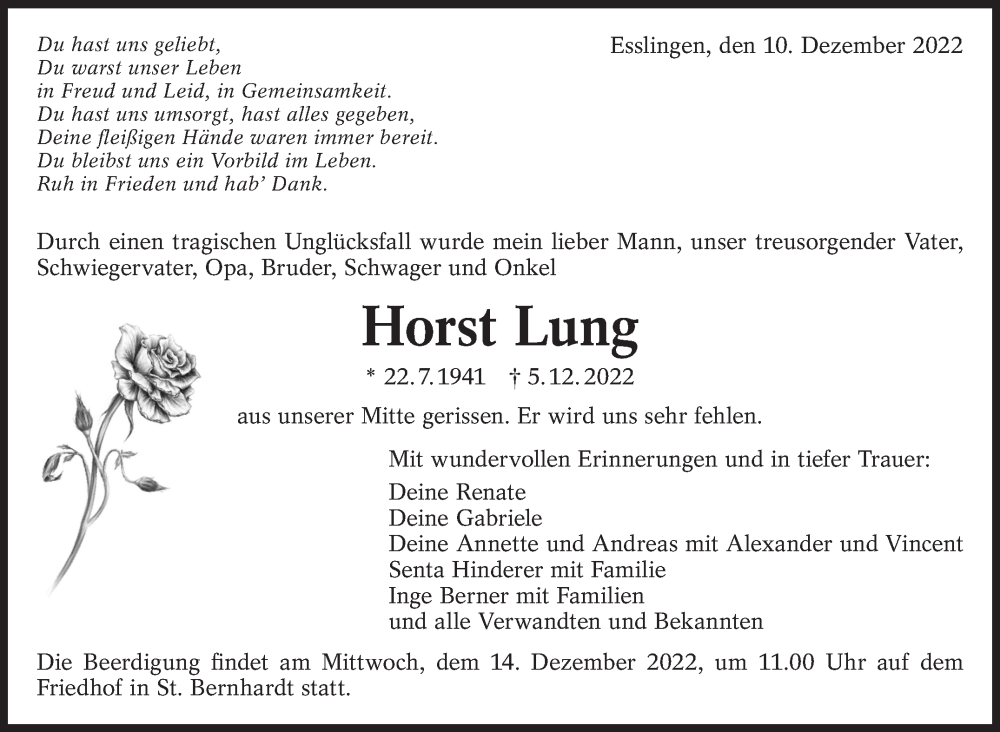  Traueranzeige für Horst Lung vom 10.12.2022 aus Eßlinger Zeitung/Cannstatter Zeitung