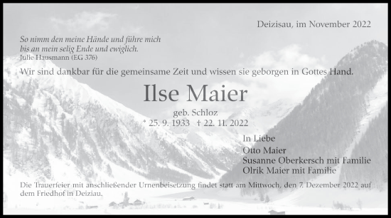 Traueranzeige von Ilse Maier von Eßlinger Zeitung/Cannstatter Zeitung