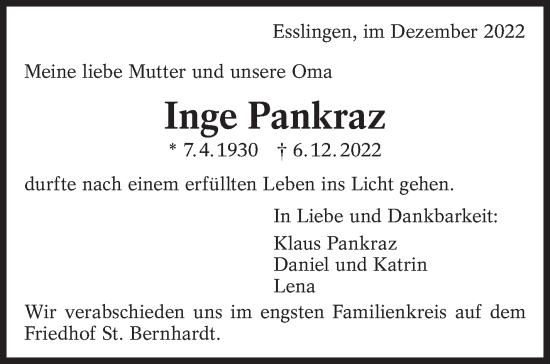 Traueranzeige von Inge Pankraz von Eßlinger Zeitung/Cannstatter Zeitung