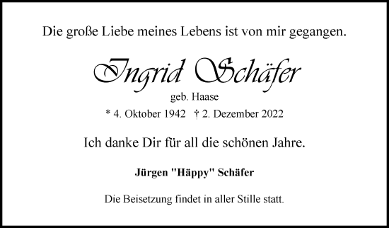 Traueranzeige von Ingrid Schäfer von Eßlinger Zeitung/Cannstatter Zeitung