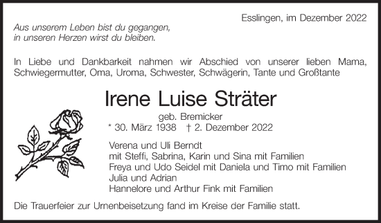 Traueranzeige von Irene Luise Sträter von Eßlinger Zeitung/Cannstatter Zeitung