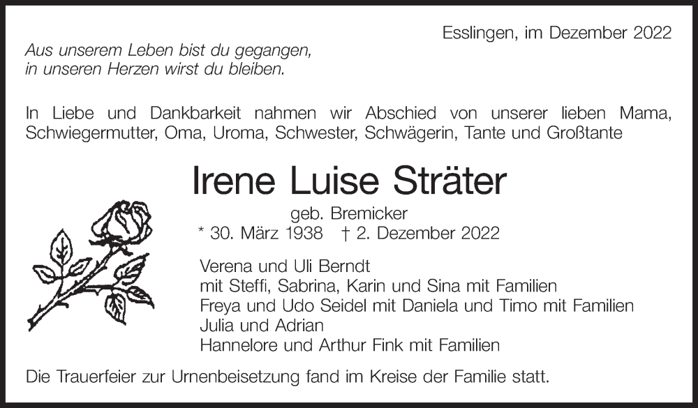  Traueranzeige für Irene Luise Sträter vom 17.12.2022 aus Eßlinger Zeitung/Cannstatter Zeitung