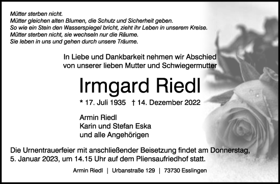 Traueranzeige von Irmgard Riedl von Eßlinger Zeitung/Cannstatter Zeitung