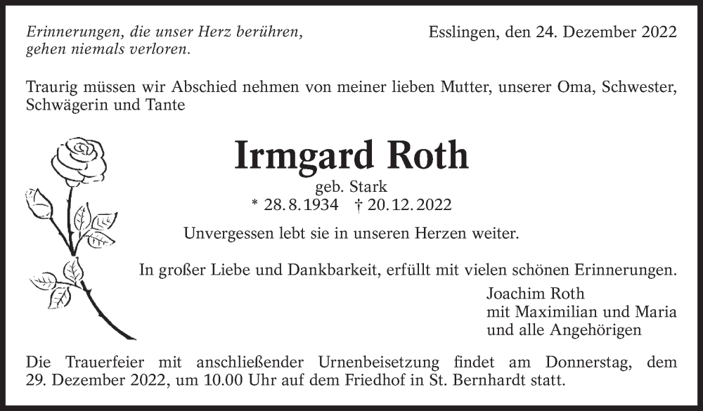  Traueranzeige für Irmgard Roth vom 24.12.2022 aus Eßlinger Zeitung/Cannstatter Zeitung