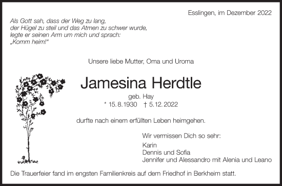 Traueranzeige von Jamesina Herdtle von Eßlinger Zeitung/Cannstatter Zeitung