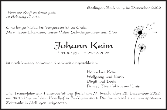 Traueranzeige von Johann Keim von Eßlinger Zeitung/Cannstatter Zeitung