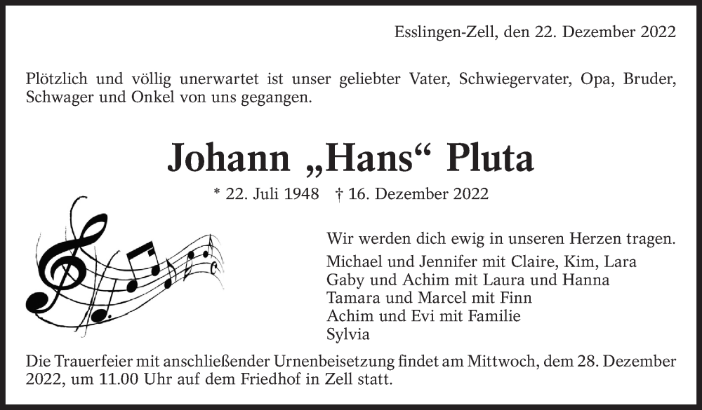  Traueranzeige für Johann Pluta vom 22.12.2022 aus Eßlinger Zeitung/Cannstatter Zeitung
