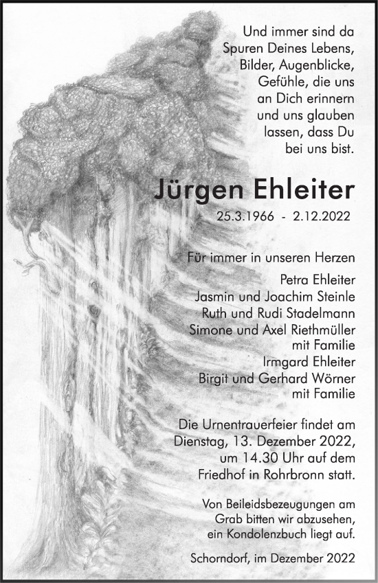 Traueranzeige von Jürgen Ehleiter von Eßlinger Zeitung/Cannstatter Zeitung