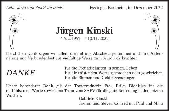 Traueranzeige von Jürgen Kinski von Eßlinger Zeitung/Cannstatter Zeitung