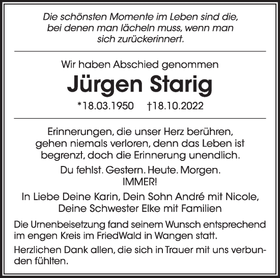 Traueranzeige von Jürgen Starig von Eßlinger Zeitung/Cannstatter Zeitung