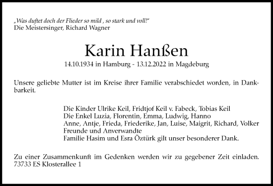Traueranzeige von Karin Hanßen von Eßlinger Zeitung/Cannstatter Zeitung
