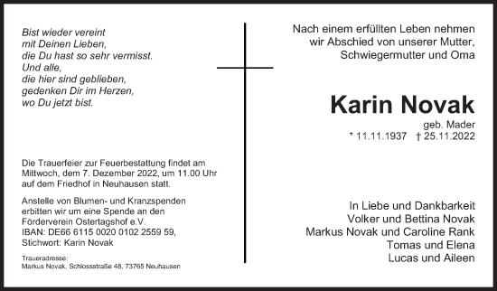 Traueranzeige von Karin Novak von Eßlinger Zeitung/Cannstatter Zeitung