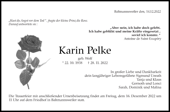 Traueranzeige von Karin Pelke von Eßlinger Zeitung/Cannstatter Zeitung