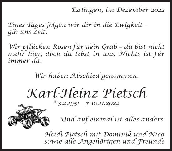 Traueranzeige von Karl-Heinz Pietsch von Eßlinger Zeitung/Cannstatter Zeitung