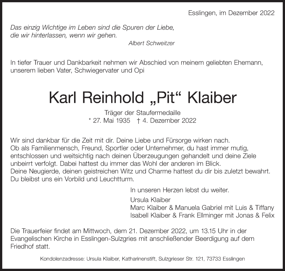  Traueranzeige für Karl Reinhold  Klaiber vom 17.12.2022 aus Eßlinger Zeitung/Cannstatter Zeitung