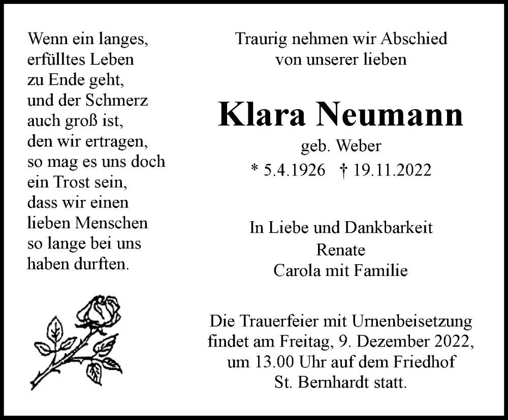  Traueranzeige für Klara Neumann vom 02.12.2022 aus Eßlinger Zeitung/Cannstatter Zeitung