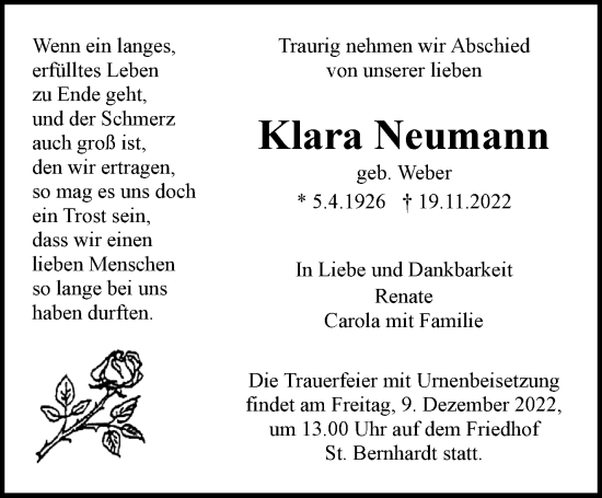 Traueranzeige von Klara Neumann von Eßlinger Zeitung/Cannstatter Zeitung