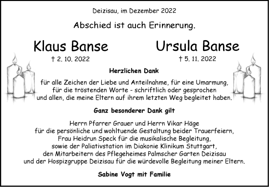 Traueranzeige von Klaus Banse von Eßlinger Zeitung/Cannstatter Zeitung