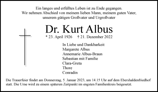 Traueranzeige von Kurt Albus von Eßlinger Zeitung/Cannstatter Zeitung