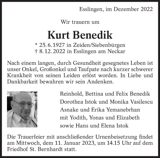 Traueranzeige von Kurt Benedik von Eßlinger Zeitung/Cannstatter Zeitung