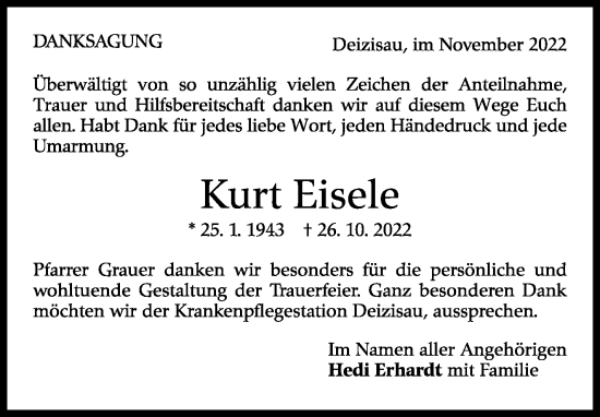 Traueranzeige von Kurt Eisele von Eßlinger Zeitung/Cannstatter Zeitung