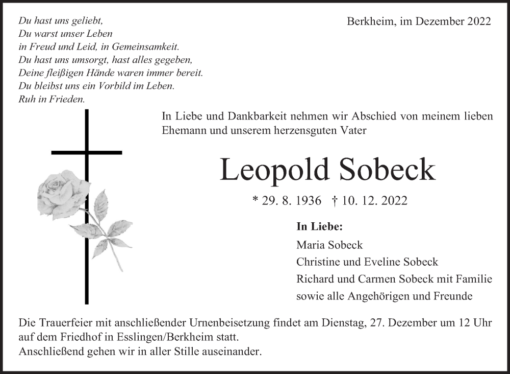  Traueranzeige für Leopold Sobeck vom 21.12.2022 aus Eßlinger Zeitung/Cannstatter Zeitung