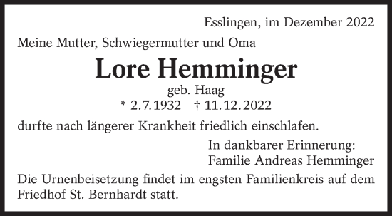 Traueranzeige von Lore Hemminger von Eßlinger Zeitung/Cannstatter Zeitung