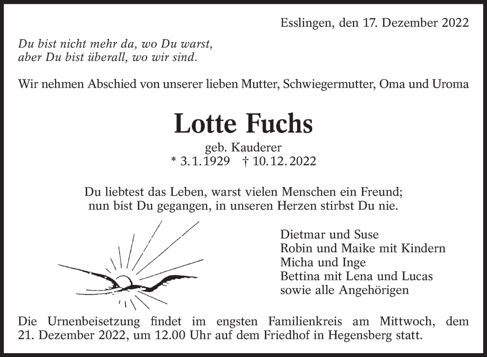  Traueranzeige für Lotte Fuchs vom 17.12.2022 aus Eßlinger Zeitung/Cannstatter Zeitung