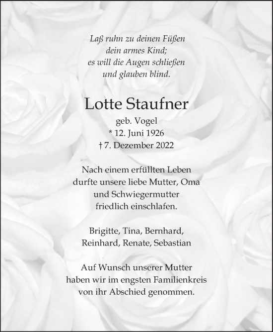 Traueranzeige von Lotte Staufner von Eßlinger Zeitung/Cannstatter Zeitung