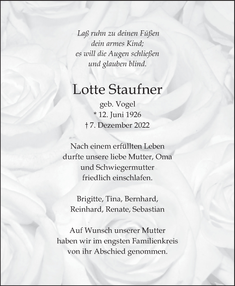  Traueranzeige für Lotte Staufner vom 28.12.2022 aus Eßlinger Zeitung/Cannstatter Zeitung