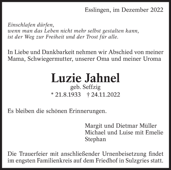 Traueranzeige von Luzie Jahnel von Eßlinger Zeitung/Cannstatter Zeitung