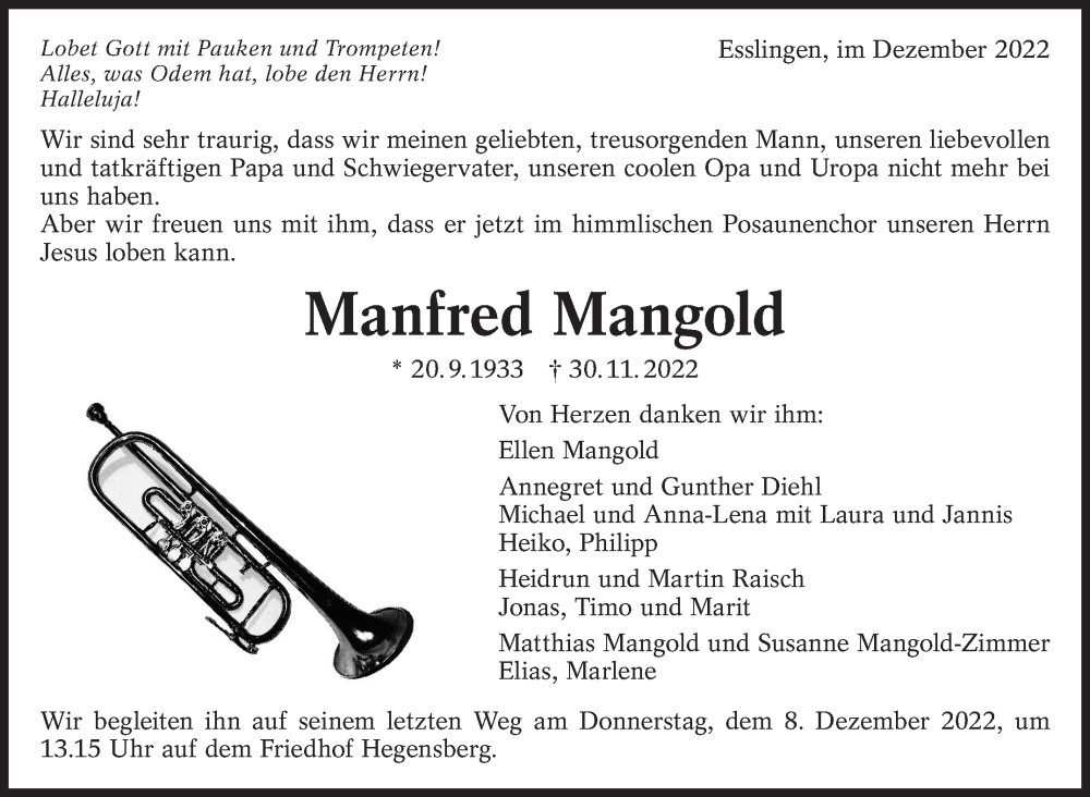 Traueranzeige für Manfred Mangold vom 03.12.2022 aus Eßlinger Zeitung/Cannstatter Zeitung