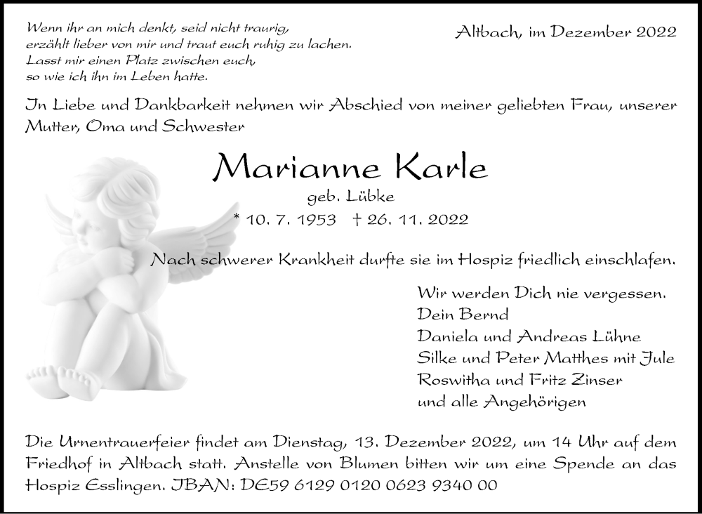  Traueranzeige für Marianne Karle vom 09.12.2022 aus Eßlinger Zeitung/Cannstatter Zeitung