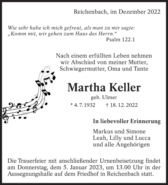 Traueranzeige von Martha Keller von Eßlinger Zeitung/Cannstatter Zeitung