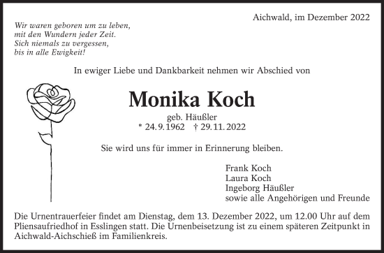 Traueranzeige von Monika Koch von Eßlinger Zeitung/Cannstatter Zeitung