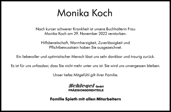 Traueranzeige von Monika Koch von Eßlinger Zeitung/Cannstatter Zeitung