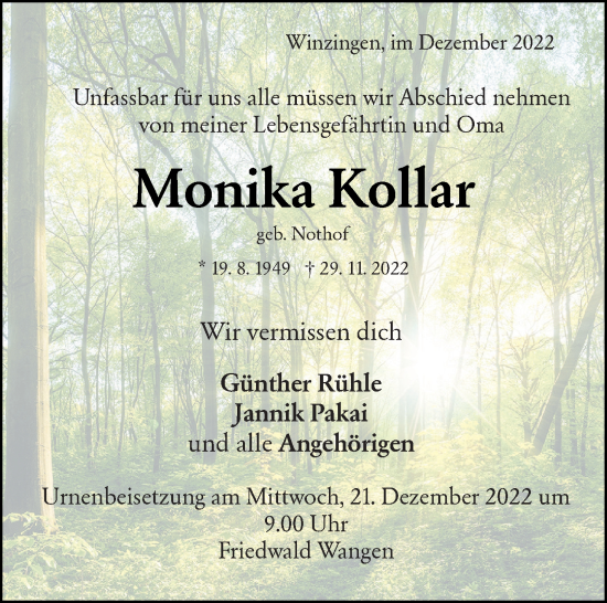 Traueranzeige von Monika Kollar von Eßlinger Zeitung/Cannstatter Zeitung