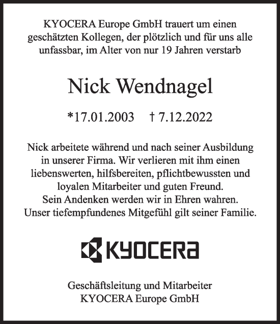 Traueranzeige von Nick Wendnagel von Eßlinger Zeitung/Cannstatter Zeitung