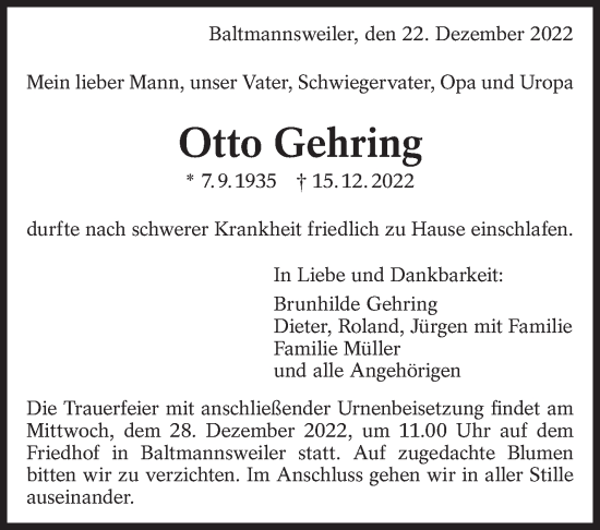 Traueranzeige von Otto Gehring von Eßlinger Zeitung/Cannstatter Zeitung