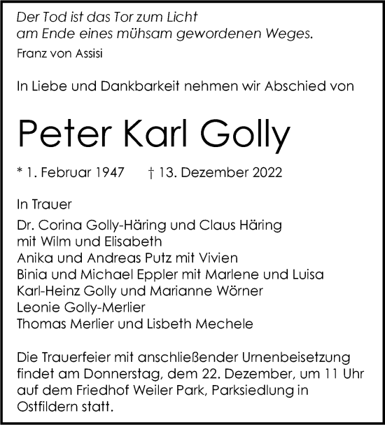 Traueranzeige von Peter Karl Golly von Eßlinger Zeitung/Cannstatter Zeitung