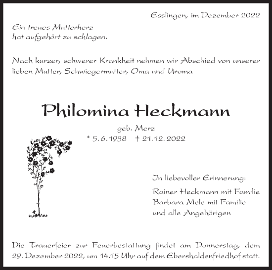 Traueranzeige von Philomina Heckmann von Eßlinger Zeitung/Cannstatter Zeitung