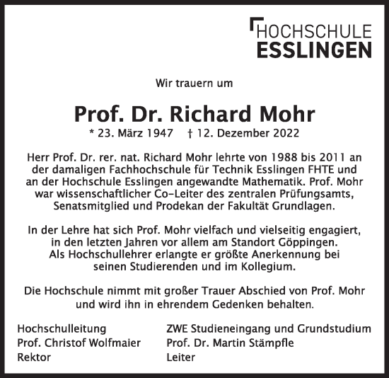 Traueranzeige von Richard Mohr von Eßlinger Zeitung/Cannstatter Zeitung