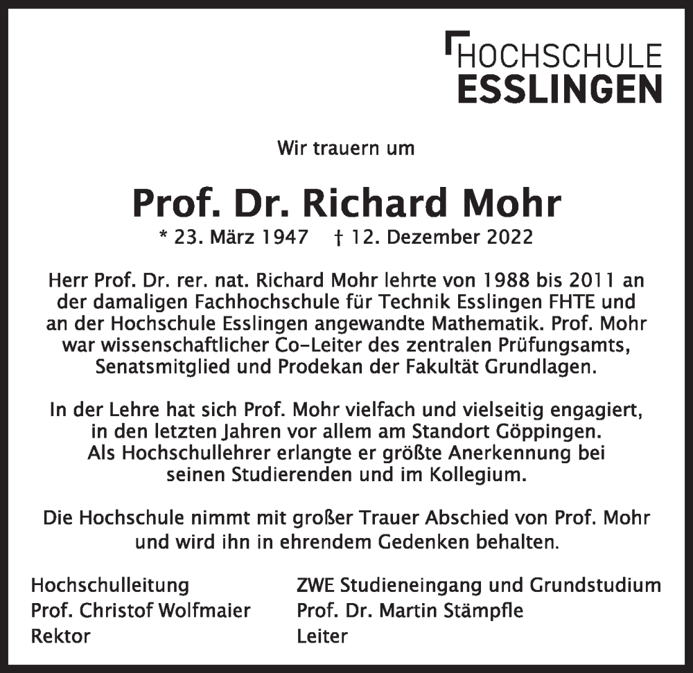  Traueranzeige für Richard Mohr vom 24.12.2022 aus Eßlinger Zeitung/Cannstatter Zeitung