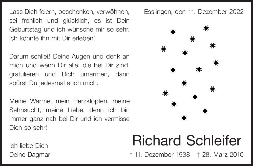  Traueranzeige für Richard Schleifer vom 10.12.2022 aus Eßlinger Zeitung/Cannstatter Zeitung