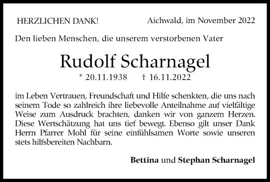 Traueranzeige von Rudolf Scharnagel von Eßlinger Zeitung/Cannstatter Zeitung